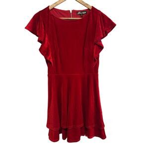 Midnight Doll Velvet Red Flutter Sleeve Double Hem Fit & Flare Dress S